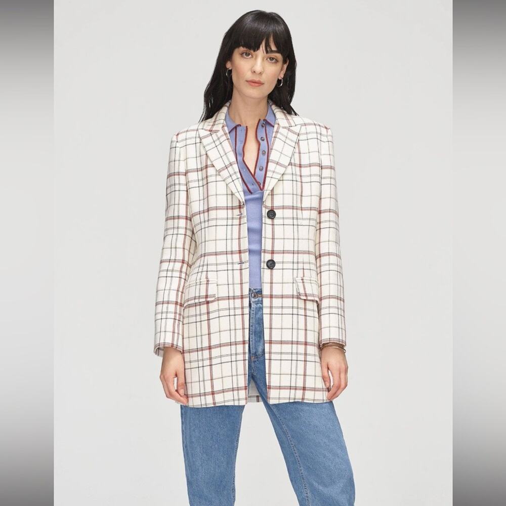 Argent Women Cream Red Plaid Wool Blend Longline Blazer Jacket Size 8
